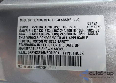 2021 Honda Ridgeline Awd Sport from USA, damaged, VIN 5FPYK3F16MB001909